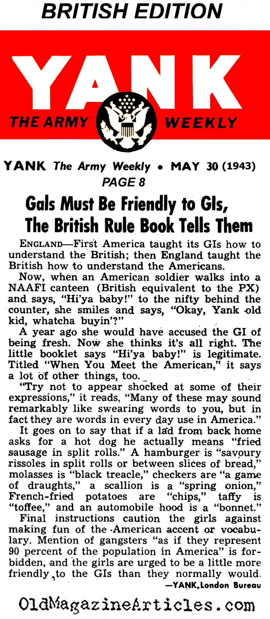 British Women Instructed to Tolerate American Men (Yank Magazine, 1943)